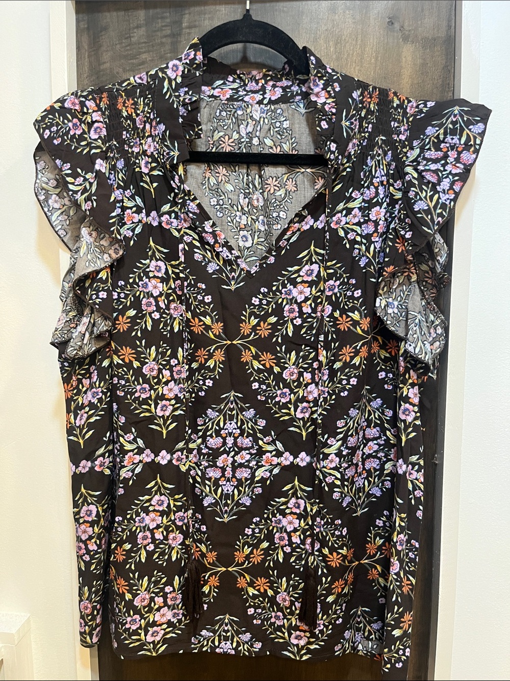 Floral Flutter Sleeve V-Neck Top - Black with Lavender & Orange -